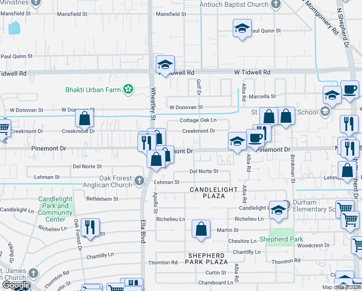 map of restaurants, bars, coffee shops, grocery stores, and more near 5203 Ubuntu Court in Houston