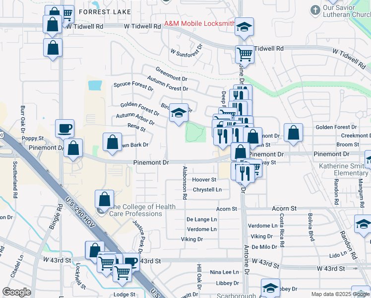 map of restaurants, bars, coffee shops, grocery stores, and more near 6000 Pinemont Drive in Houston