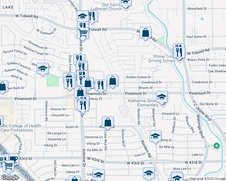 map of restaurants, bars, coffee shops, grocery stores, and more near 5250 Pinemont Drive in Houston