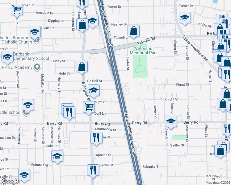 map of restaurants, bars, coffee shops, grocery stores, and more near 8905 West Hardy Road in Houston
