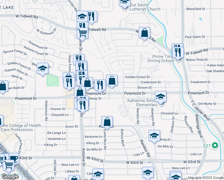 map of restaurants, bars, coffee shops, grocery stores, and more near 5250 Pinemont Drive in Houston