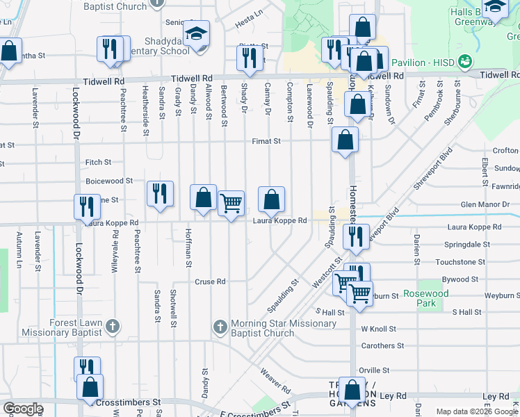 map of restaurants, bars, coffee shops, grocery stores, and more near in Houston