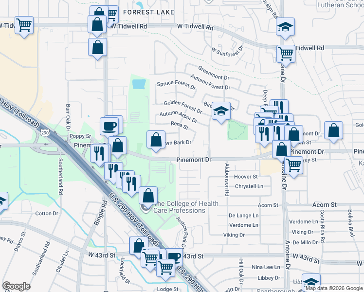 map of restaurants, bars, coffee shops, grocery stores, and more near 5600 Arbor Vitae Drive in Houston