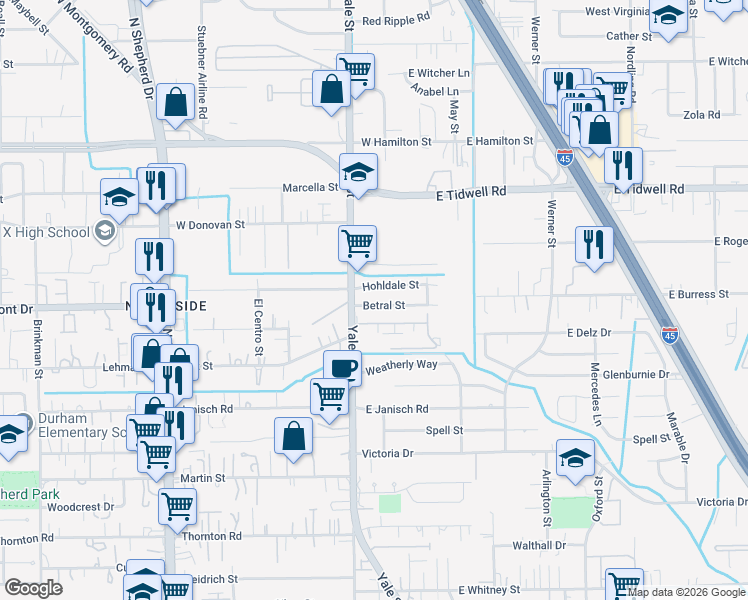 map of restaurants, bars, coffee shops, grocery stores, and more near 231 Betral Street in Houston