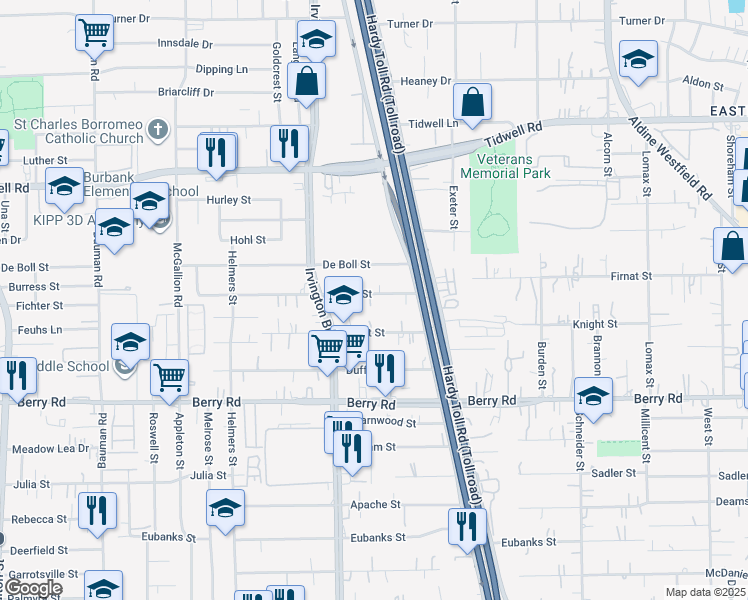 map of restaurants, bars, coffee shops, grocery stores, and more near 1318 Firnat Street in Houston