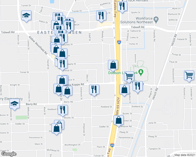 map of restaurants, bars, coffee shops, grocery stores, and more near 3209 Laura Koppe Road in Houston
