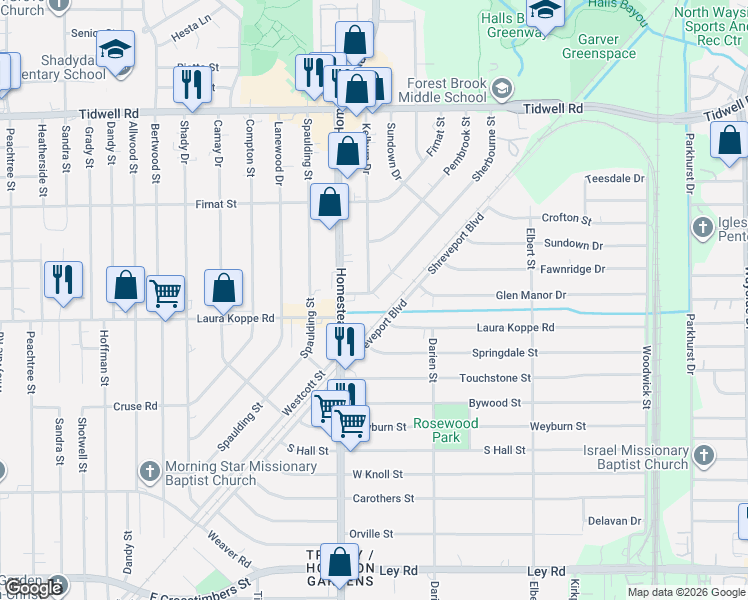 map of restaurants, bars, coffee shops, grocery stores, and more near 6728 Leighton Street in Houston