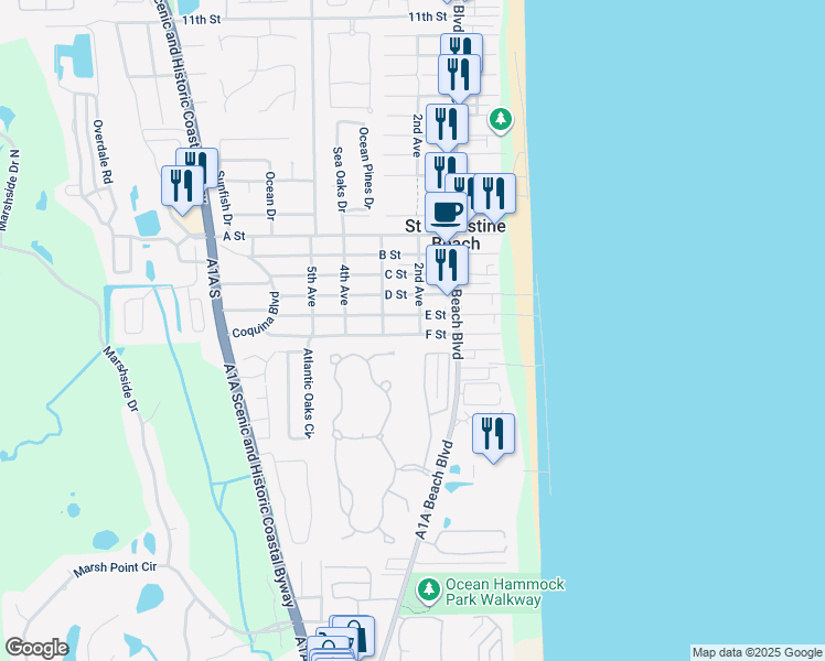 map of restaurants, bars, coffee shops, grocery stores, and more near 115 F Street in St. Augustine Beach