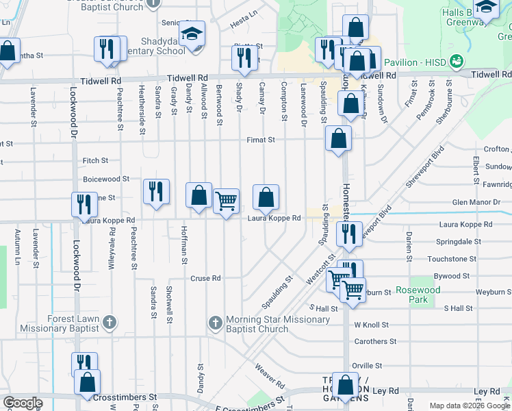 map of restaurants, bars, coffee shops, grocery stores, and more near in Houston