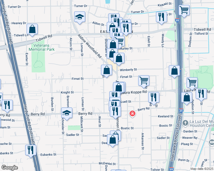 map of restaurants, bars, coffee shops, grocery stores, and more near 8822 Harrell Street in Houston
