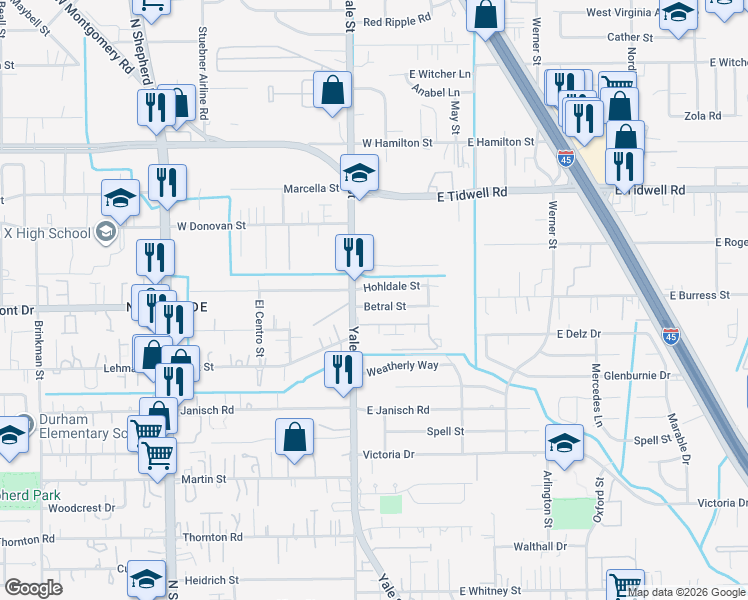 map of restaurants, bars, coffee shops, grocery stores, and more near 231 Betral Street in Houston