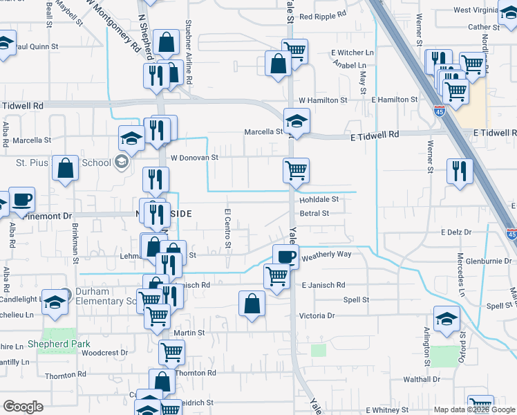 map of restaurants, bars, coffee shops, grocery stores, and more near 410 San Julio Street in Houston