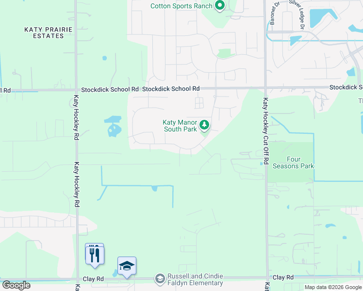 map of restaurants, bars, coffee shops, grocery stores, and more near 25409 Stockdick School Road in Katy