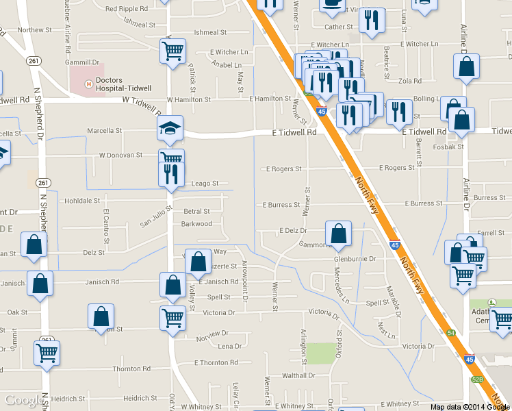 map of restaurants, bars, coffee shops, grocery stores, and more near 208 East Burress Street in Houston