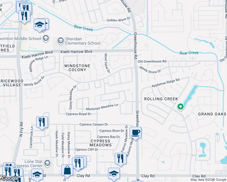 map of restaurants, bars, coffee shops, grocery stores, and more near 19231 Moss Meadow Lane in Katy