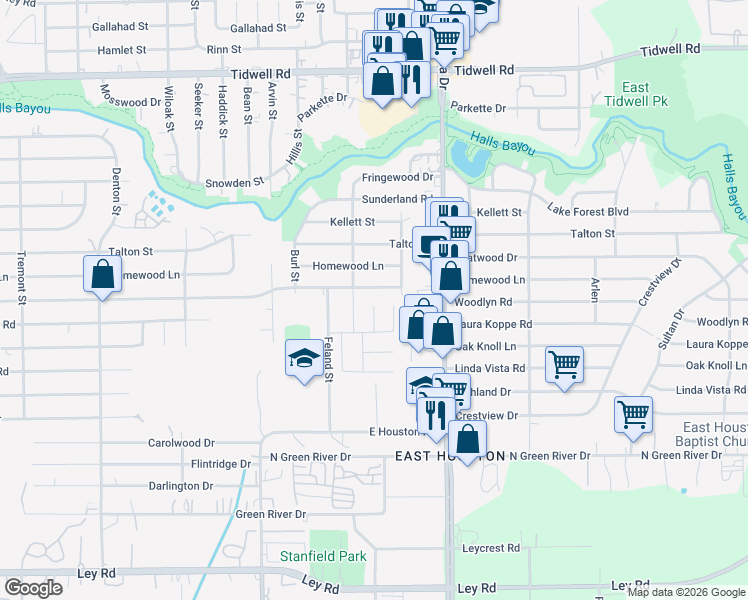 map of restaurants, bars, coffee shops, grocery stores, and more near 8714 J C Oaks Circle in Houston