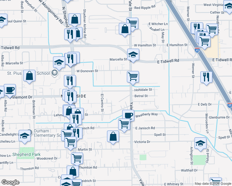 map of restaurants, bars, coffee shops, grocery stores, and more near 410 San Julio Street in Houston