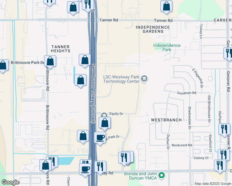 map of restaurants, bars, coffee shops, grocery stores, and more near 11000 Corporate Centre Drive in Houston