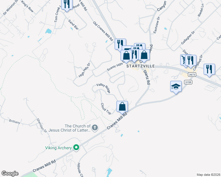 map of restaurants, bars, coffee shops, grocery stores, and more near 248 Valley Ridge in Canyon Lake