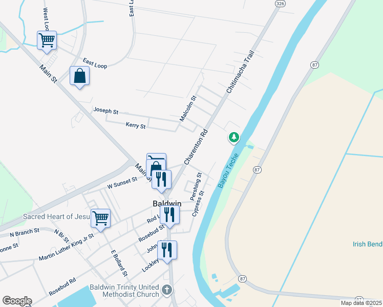 map of restaurants, bars, coffee shops, grocery stores, and more near Charenton Road in Baldwin