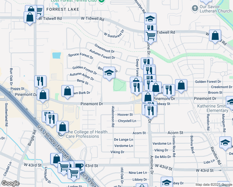 map of restaurants, bars, coffee shops, grocery stores, and more near 6000 Pinemont Drive in Houston