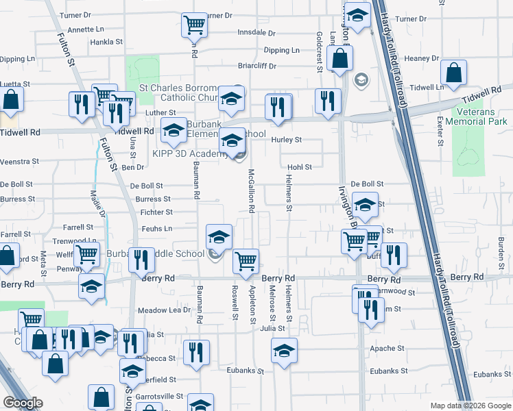 map of restaurants, bars, coffee shops, grocery stores, and more near 9002 McGallion Road in Houston