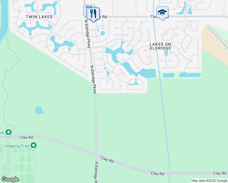 map of restaurants, bars, coffee shops, grocery stores, and more near 12719 Rock Falls Way in Houston