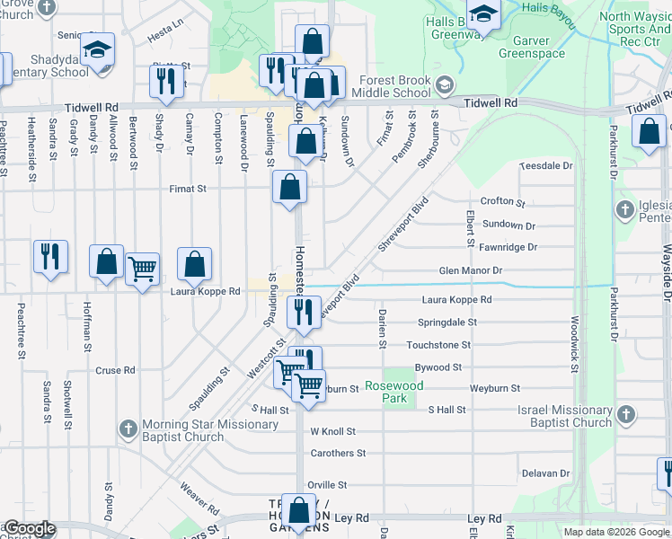 map of restaurants, bars, coffee shops, grocery stores, and more near 6728 Leighton Street in Houston