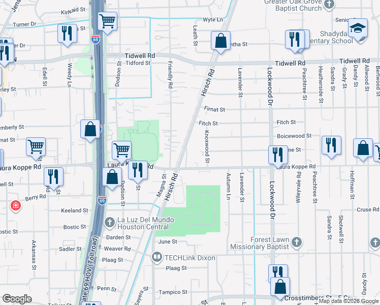 map of restaurants, bars, coffee shops, grocery stores, and more near 8910 Hirsch Road in Houston