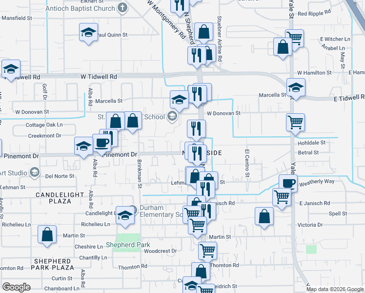 map of restaurants, bars, coffee shops, grocery stores, and more near 712 Pinemont Drive in Houston