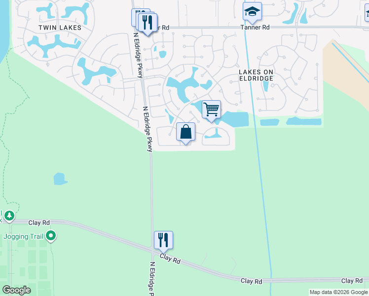 map of restaurants, bars, coffee shops, grocery stores, and more near 12719 Rock Falls Way in Houston