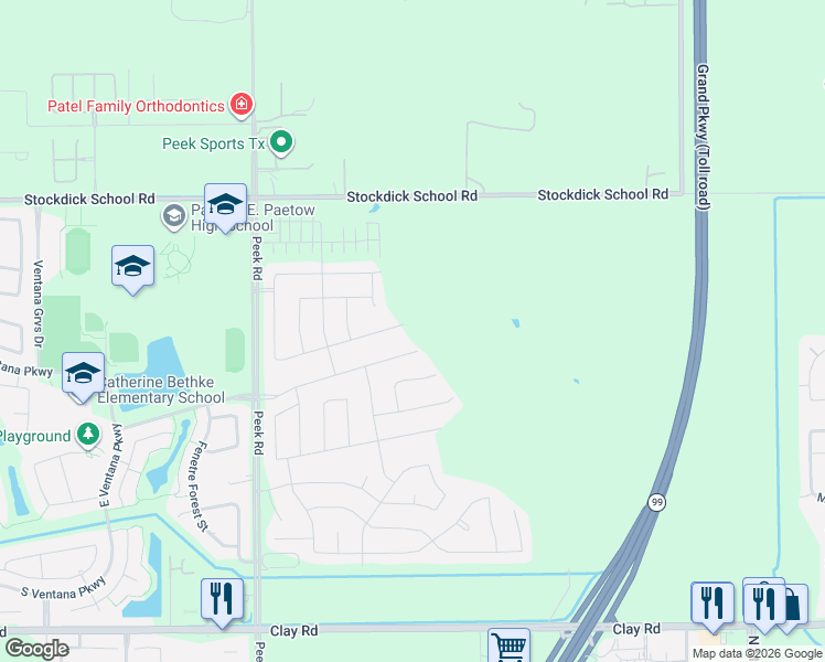 map of restaurants, bars, coffee shops, grocery stores, and more near 22223 Stockdick School Road in Katy