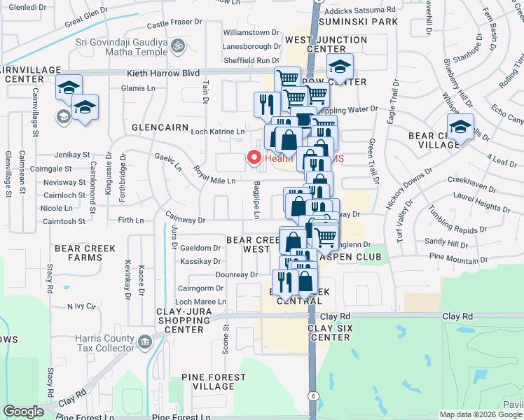 map of restaurants, bars, coffee shops, grocery stores, and more near 16335 Cairnway Drive in Houston