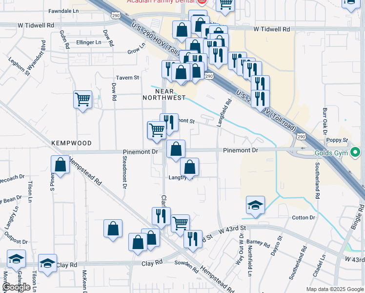 map of restaurants, bars, coffee shops, grocery stores, and more near 7500 Pinemont Drive in Houston