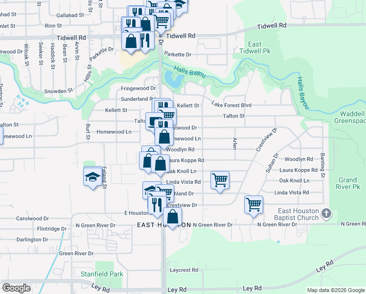 map of restaurants, bars, coffee shops, grocery stores, and more near 8838 Woodlyn Road in Houston
