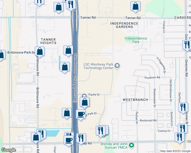 map of restaurants, bars, coffee shops, grocery stores, and more near 11000 Corporate Centre Drive in Houston