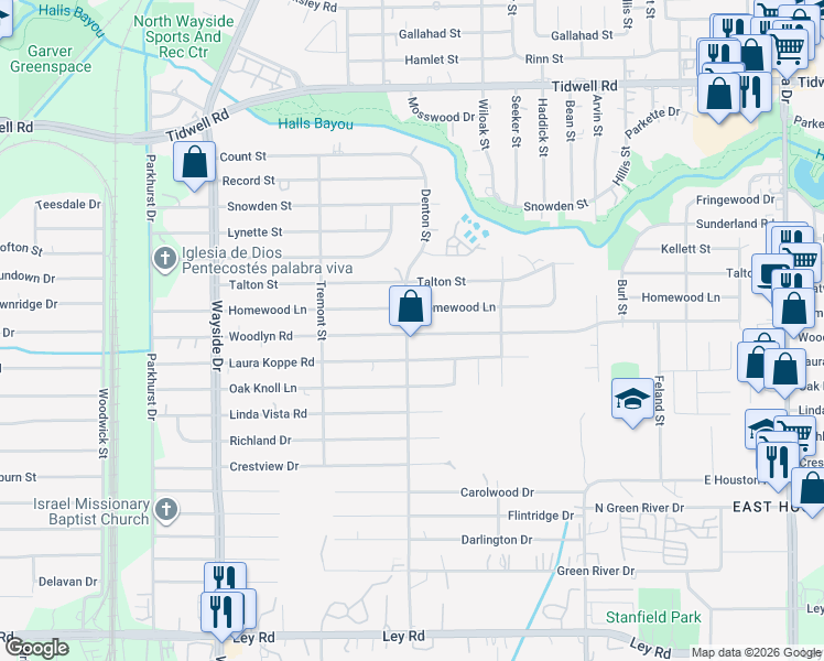 map of restaurants, bars, coffee shops, grocery stores, and more near 8830 Denton Street in Houston