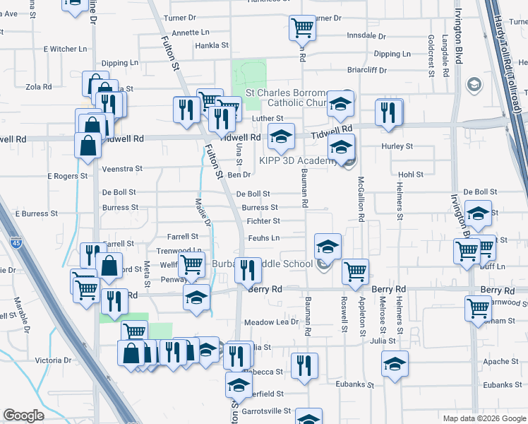 map of restaurants, bars, coffee shops, grocery stores, and more near 114 Fichter Street in Houston