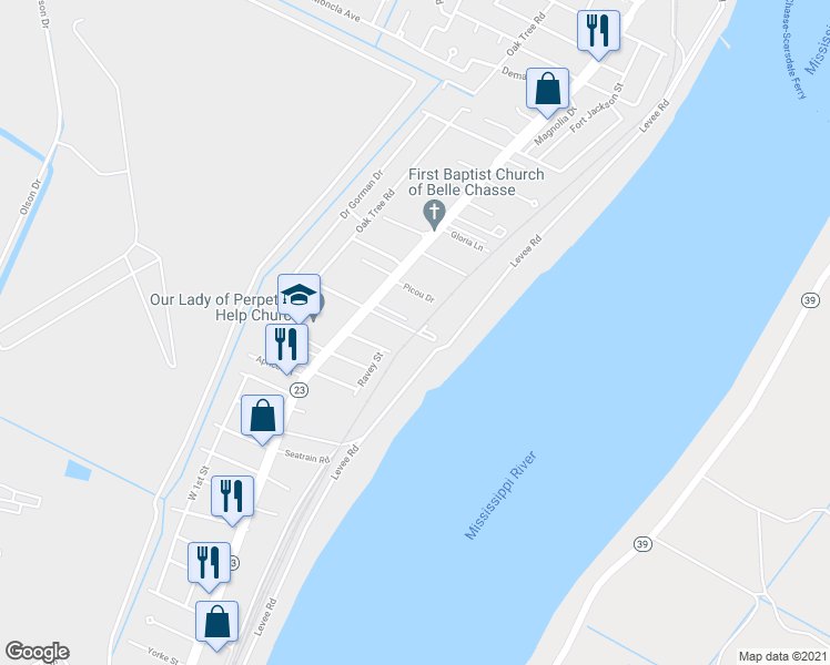 map of restaurants, bars, coffee shops, grocery stores, and more near 111 Tiemaker Road in Belle Chasse