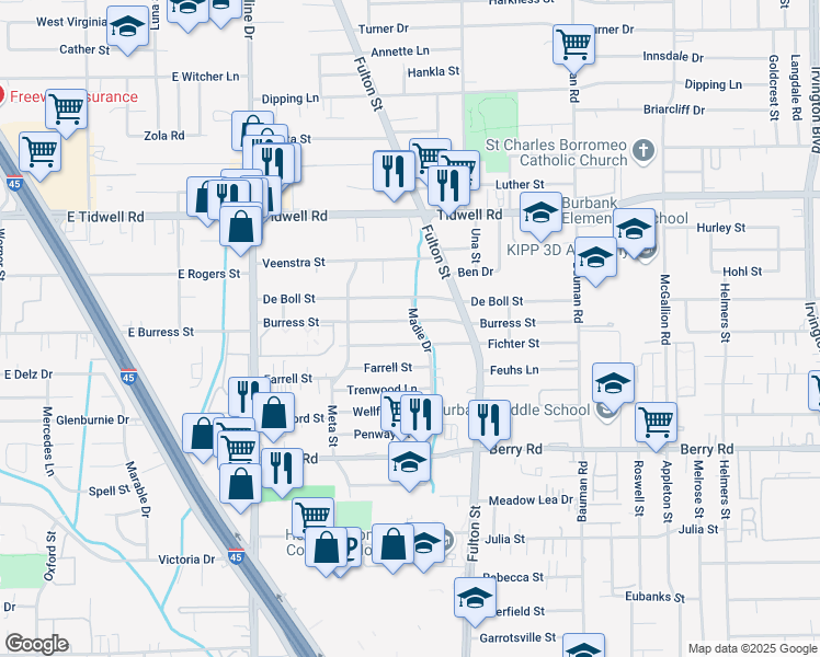 map of restaurants, bars, coffee shops, grocery stores, and more near 62 Fichter Street in Houston