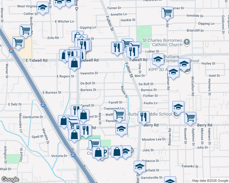 map of restaurants, bars, coffee shops, grocery stores, and more near 62 Fichter Street in Houston