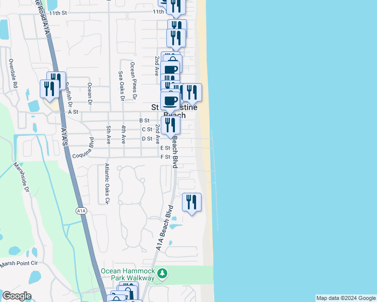 map of restaurants, bars, coffee shops, grocery stores, and more near 1 F Street in St. Augustine Beach