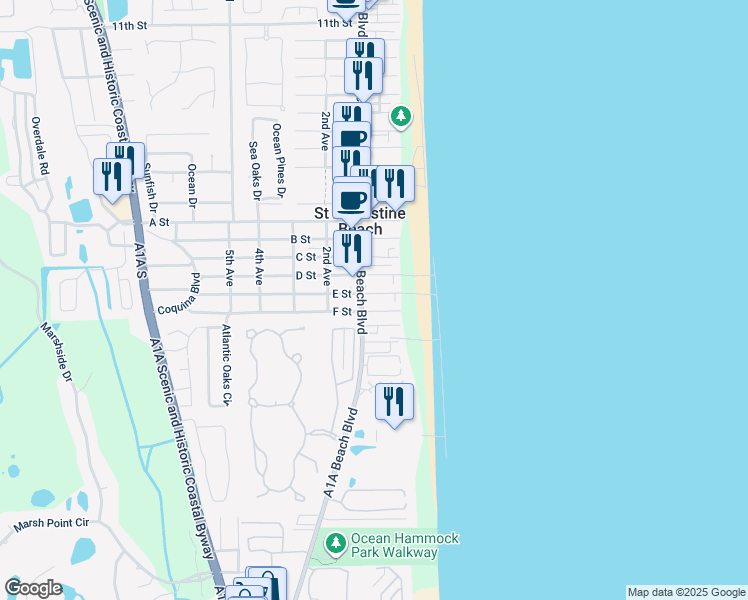 map of restaurants, bars, coffee shops, grocery stores, and more near 802 A1A Beach Boulevard in St. Augustine