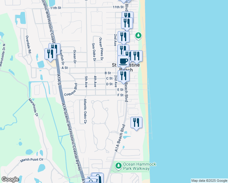 map of restaurants, bars, coffee shops, grocery stores, and more near 115 F Street in St. Augustine Beach