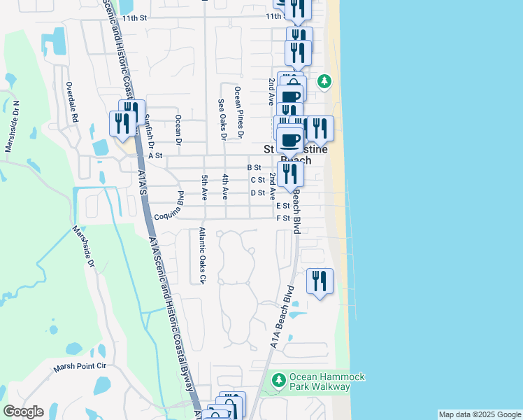 map of restaurants, bars, coffee shops, grocery stores, and more near 1012 Sea Forest Lane in St. Augustine