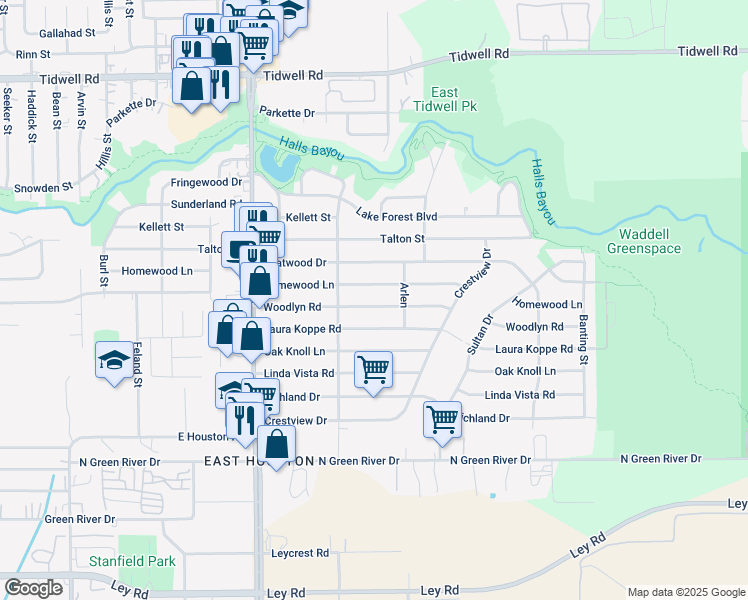 map of restaurants, bars, coffee shops, grocery stores, and more near 9021 Laura Koppe Road in Houston