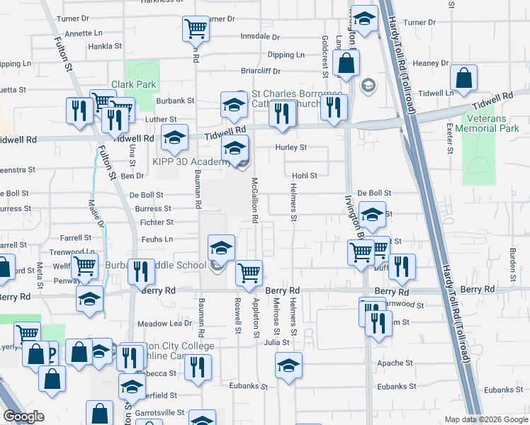 map of restaurants, bars, coffee shops, grocery stores, and more near 617 Warner Street in Houston