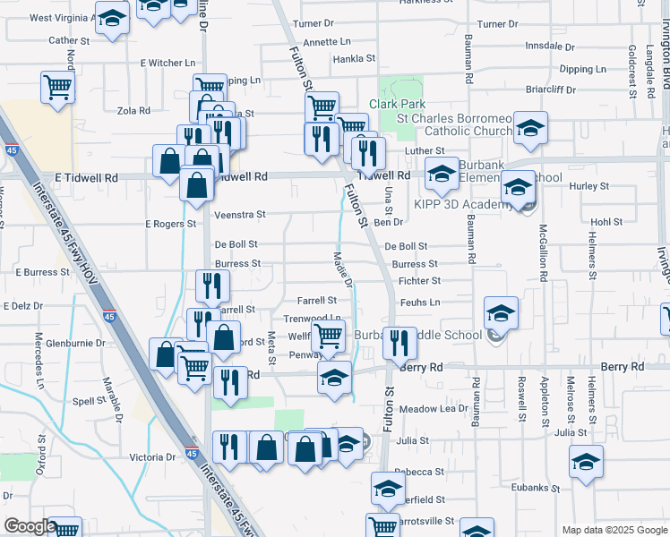 map of restaurants, bars, coffee shops, grocery stores, and more near 62 Fichter Street in Houston