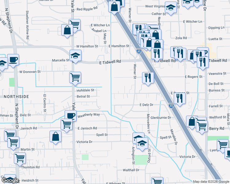 map of restaurants, bars, coffee shops, grocery stores, and more near 208 East Burress Street in Houston