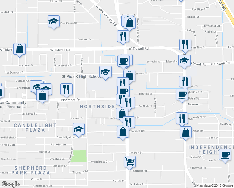 map of restaurants, bars, coffee shops, grocery stores, and more near 712 Pinemont Drive in Houston